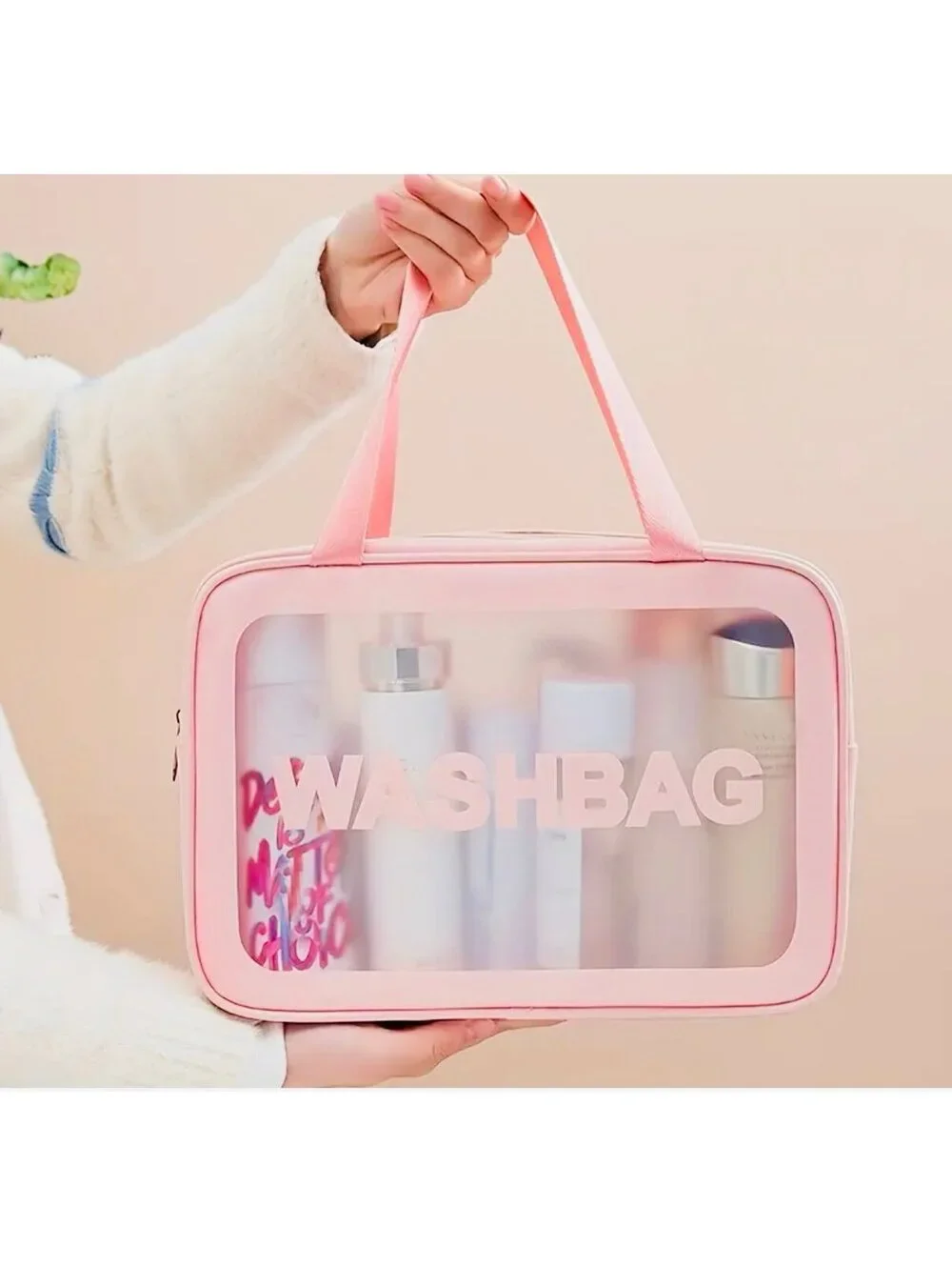 New - Transparent Faux Leather Makeup Bag - Pink /Clear
